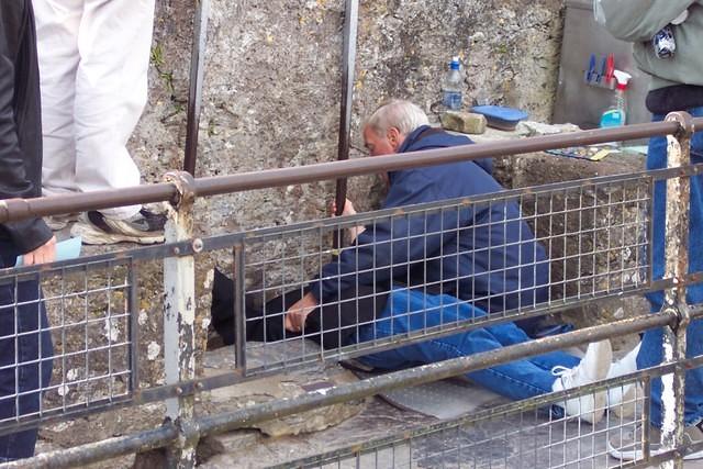 Someone kissing the Blarney Stone